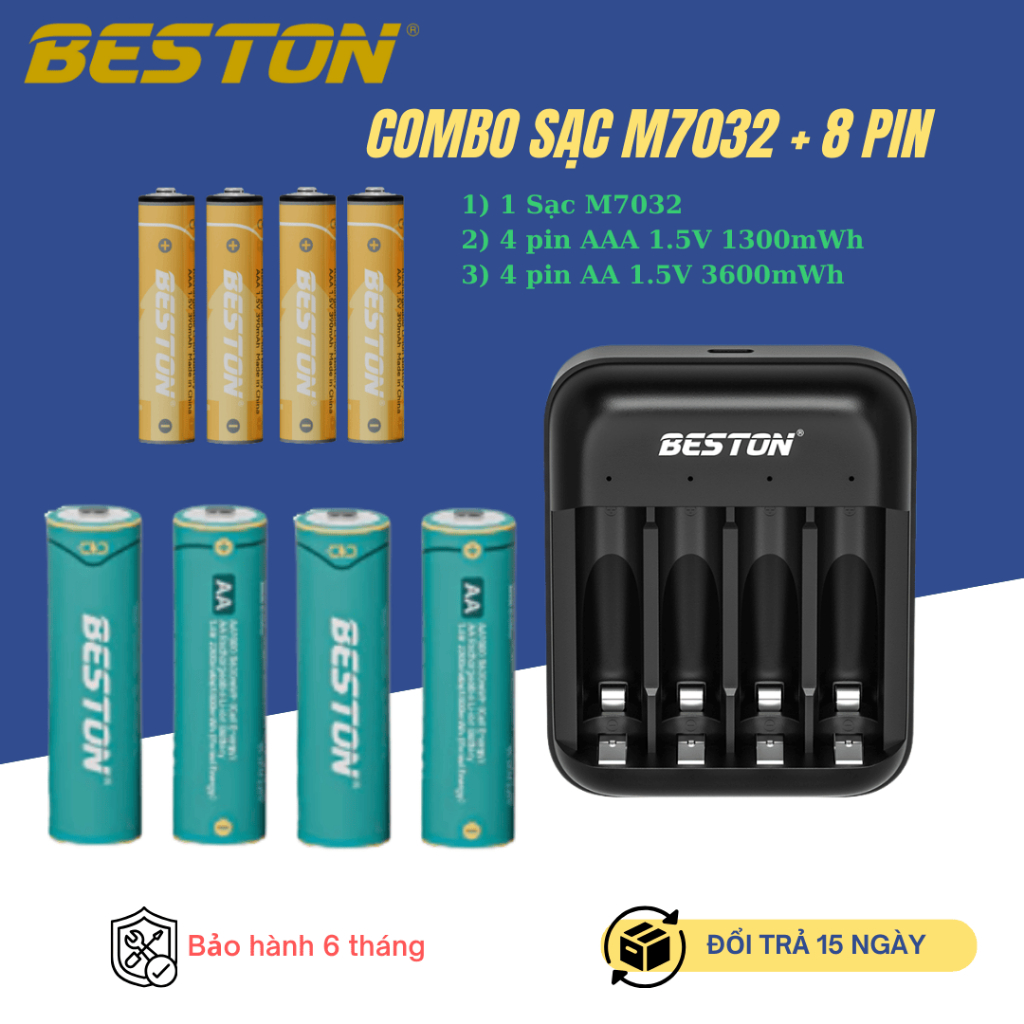 Combo Bộ COMBO sạc M7032 + Pin sạc AA/AAA 1.5V thương hiệu Beston, dùng cho thiết bị điện, đồ chơi..
