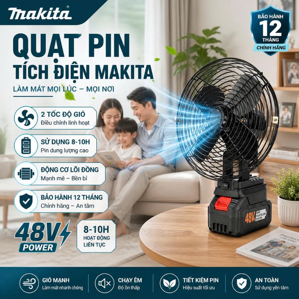 Quạt Tích Điện Để Bàn Dùng Pin MAKITA Chính Hãng, Quạt Tích Điện Mini 8 Inch Công Suất Lớn, Làm Mát 