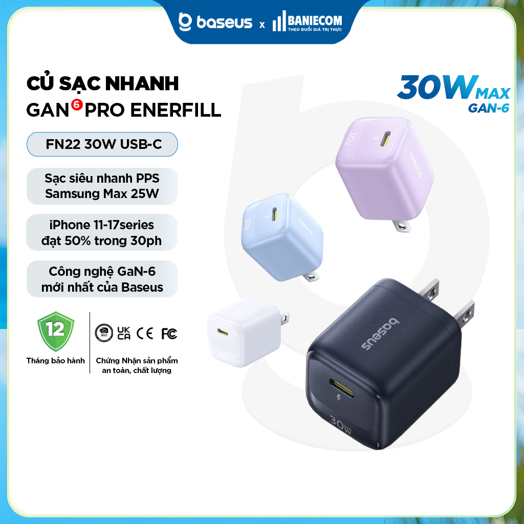 Củ Sạc Nhanh Baseus EnerFill FN22 30W GaN6 PD3.0 QC3.0 PPS Sạc nhanh cho samsung/Phone - Chính hãng