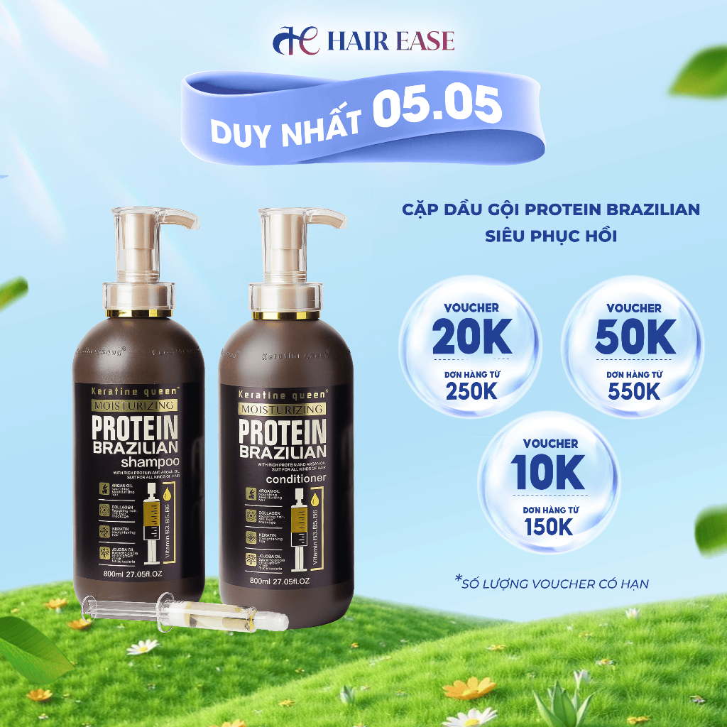 Cặp dầu gội xả Protein Brazilian siêu mềm mượt, dưỡng tóc bóng khỏe với vitamin B3,B5,B6,Argan Oil,C