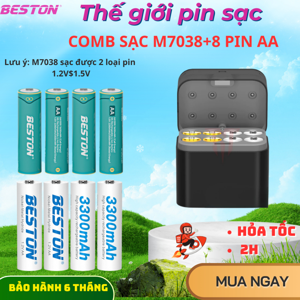 PIN + Sạc Beston M7038 sạc được cho cả pin 1.2V và 1.5V, cổng sạc type C tiện lợi, có đèn báo sạc