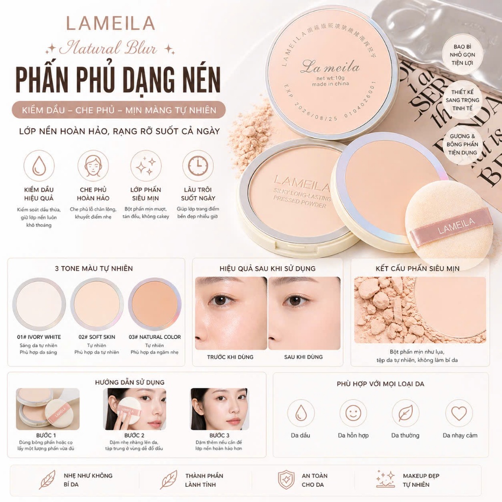 Lameila Phấn phủ dạng bột trong suốt che khuyết điểm làm sáng da kiểm soát dầu dưỡng ẩm kem nền chăm