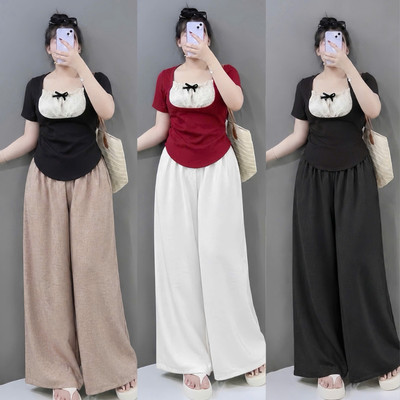 Set Đồ Bigsize Nữ Tiểu Thư Áo Thun Kiểu Cổ Tròn Phối Ren Mix Quần Ống Rộng G264+Q564
