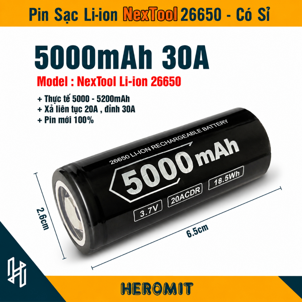 Pin 26650 5000mAh NexTool xả 30A , Pin đèn siêu sáng