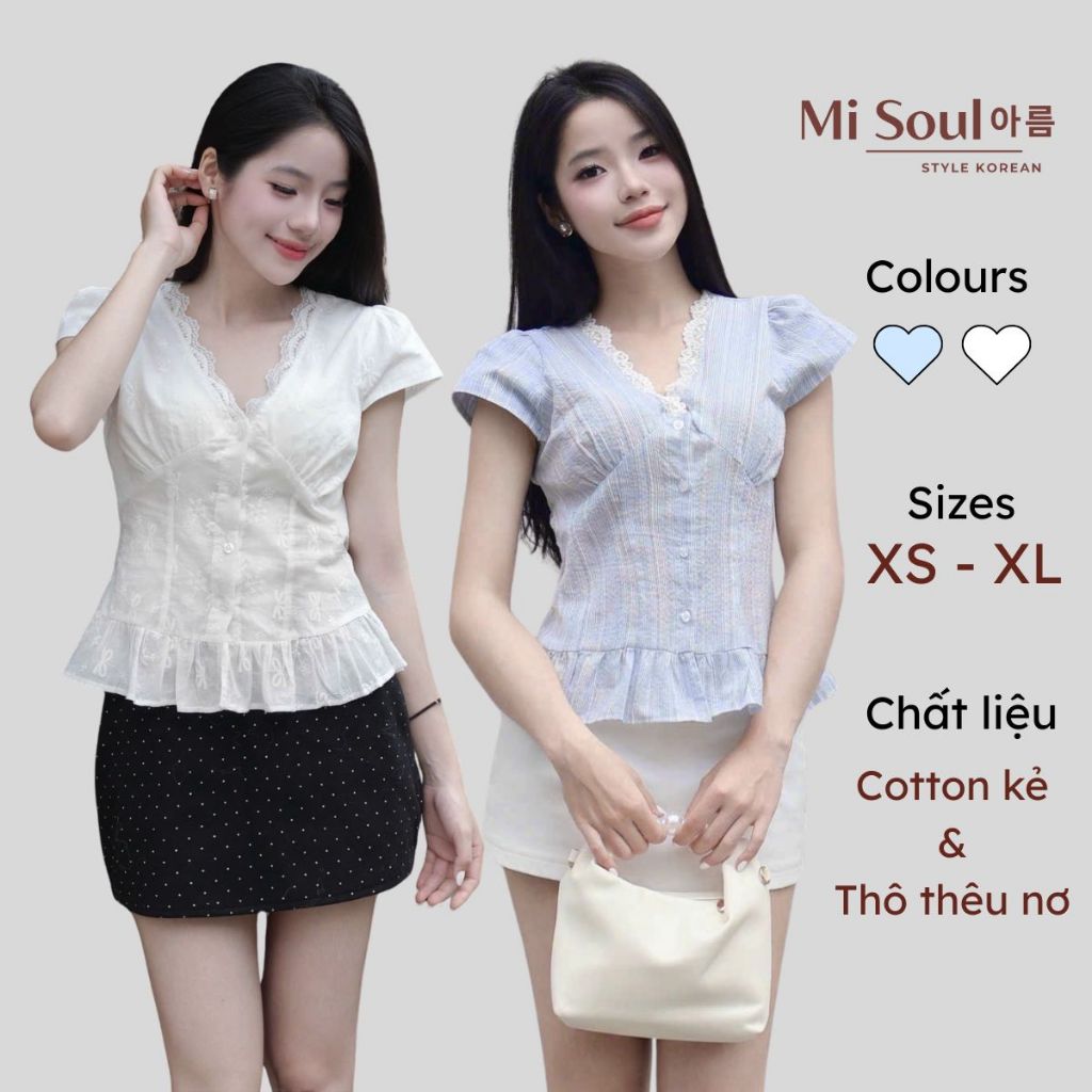 Áo Sơ Mi Nữ Cổ V Phối Viền Ren Tay Bồng Chất Thô Kẻ MiSoul 524, Áo Kiểu Cổ Ren Tay Con | BigBuy360 - bigbuy360.vn