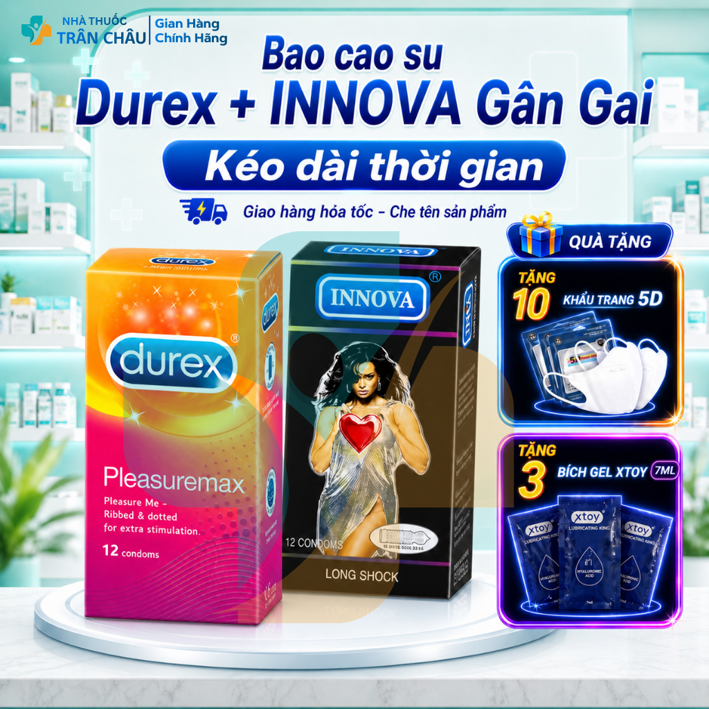 HCM Hỏa Tốc Bao cao su bcs kéo dài thời gian gân gai INNOVA đen hộp 12 bao - chống xuất tinh sớm