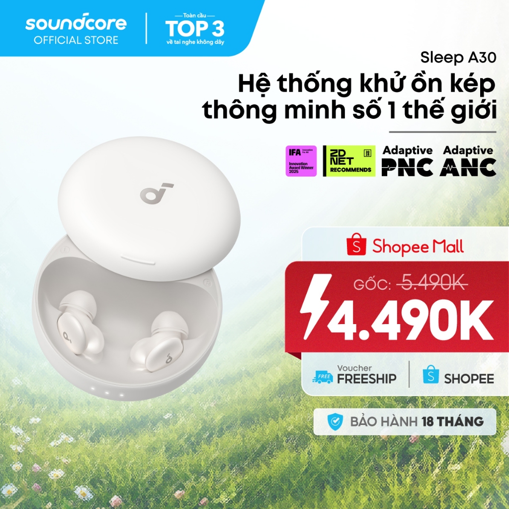Tai nghe ngủ Soundcore Sleep A30 |Theo dõi giấc ngủ | Làm dịu tiếng ngáy | Âm thanh sóng não AI