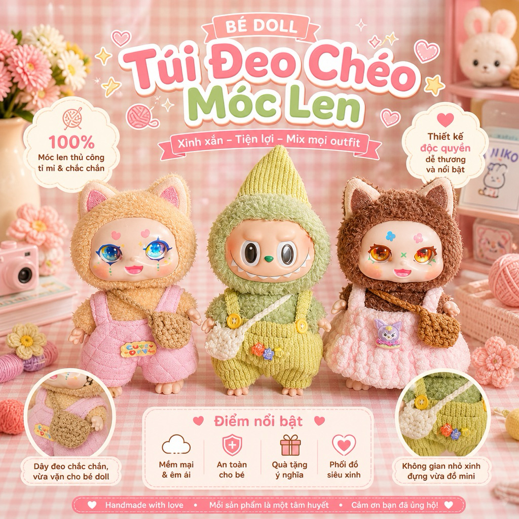 Túi đeo chéo bằng len cho Labubu, Kimmon, Bao-ao, Dora đáng yêu