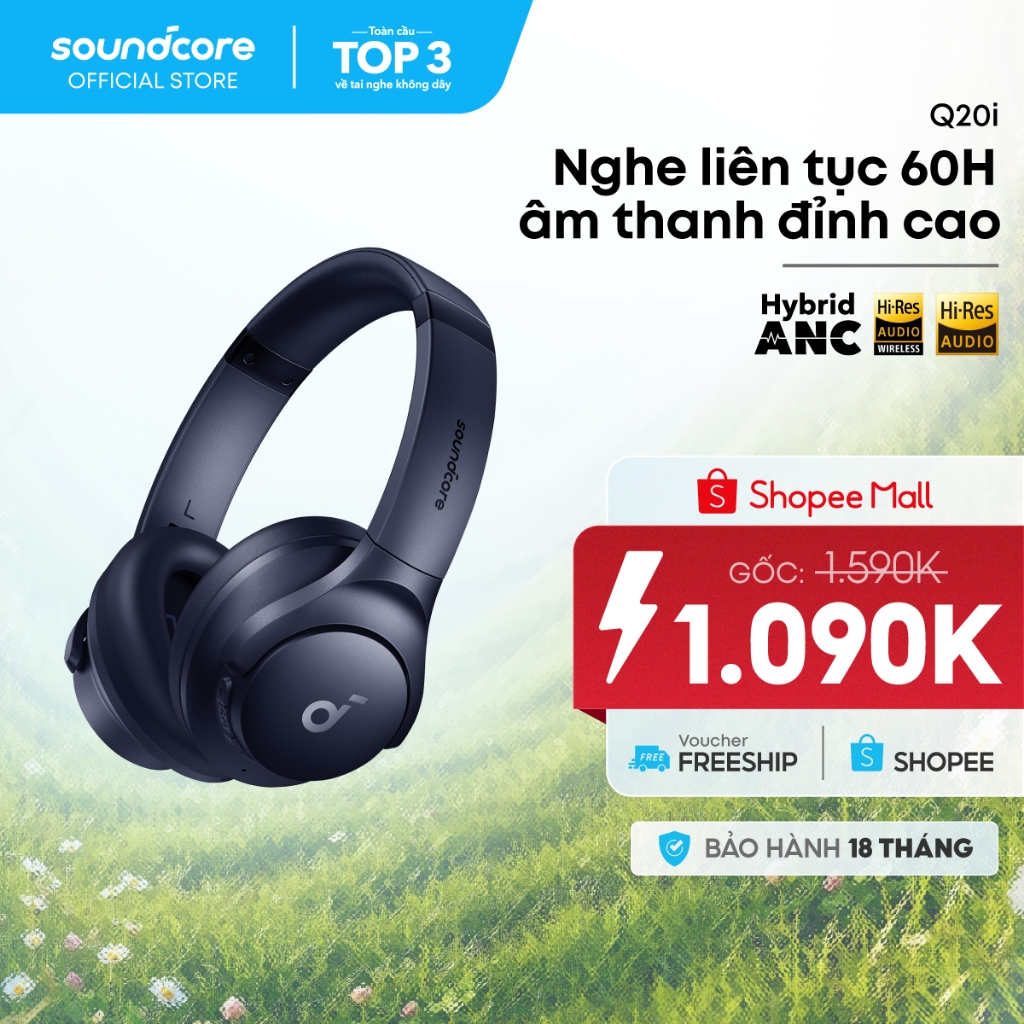 Tai nghe không dây chụp tai soundcore Q20i | Âm thanh Hi-res | Giảm ồn 90% | 60 giờ phát nhạc