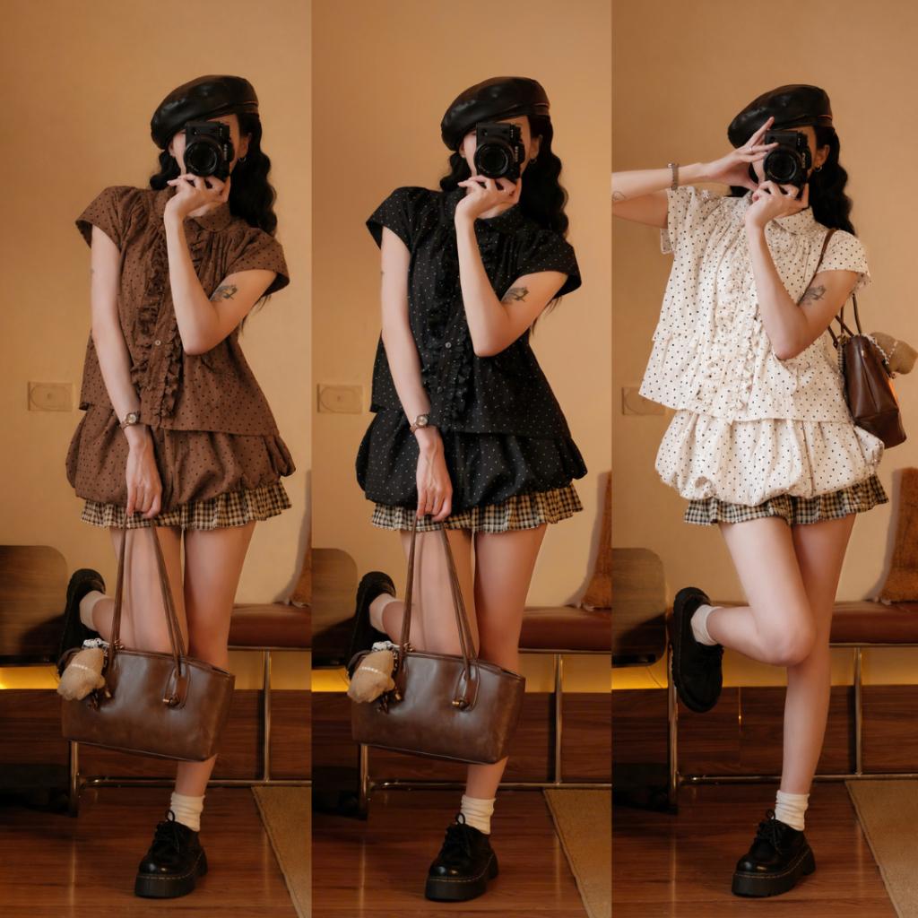 Set Áo Babydoll Chấm Bi Nữ Mix Chân Váy Bí Dáng Xinh, Set Đồ Tiểu Thư Dễ Thương Đi Chơi Đi Dạo 247Store Set2050 | BigBuy360 - bigbuy360.vn