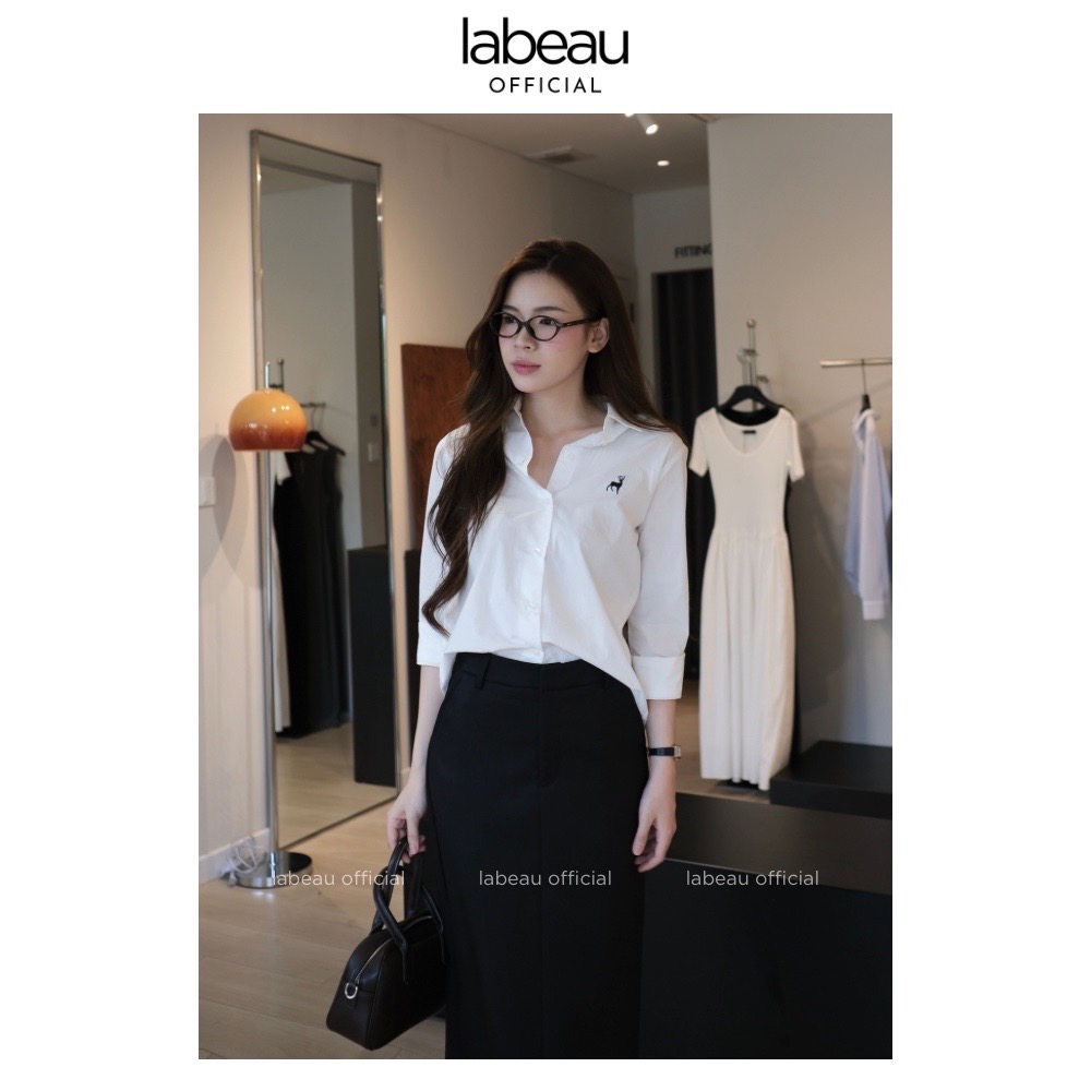 Áo Sơ mi trắng thêu hoạ tiết | Labeau | Cotton Poplin, nhăn tự nhiên, mỏng mát | BigBuy360 - bigbuy360.vn