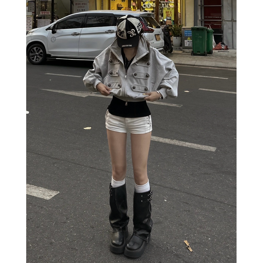 Áo khoác nỉ basic REGODS COURT JACKET form cropped tay phồng 420GSM - màu xám tiêu chất nỉ chân cua cao cấp dày dặn | BigBuy360 - bigbuy360.vn