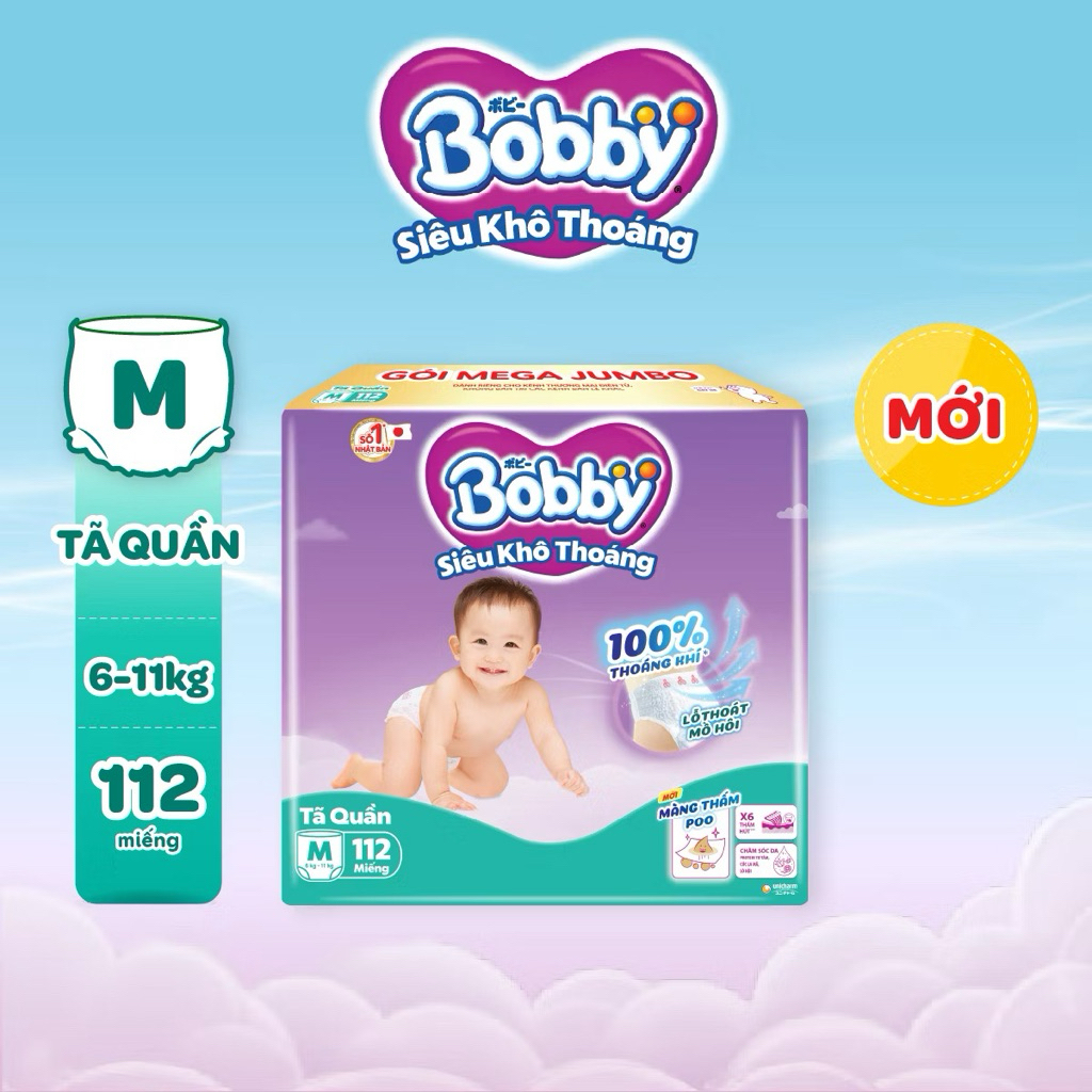 [Hỏa Tốc ] - Tã quần Bobby Siêu Khô Thoáng gói cực đại- 100% Thoáng Khí Mega Jumbo - Size M112