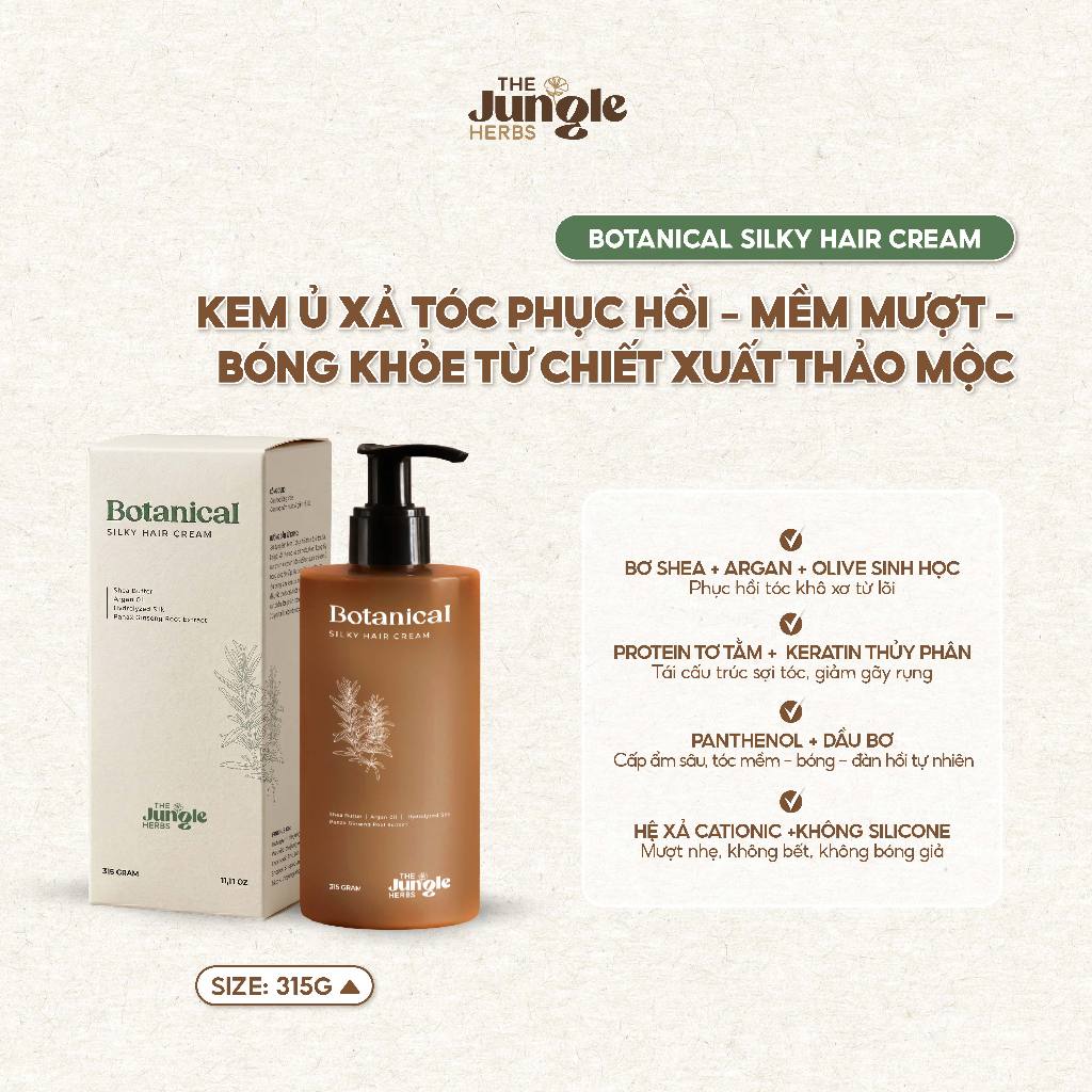 Kem ủ/xả phục hồi thân đuôi tóc Botanical Silky giúp tóc bóng mượt, giảm xơ rối - The Jungle Herbs
