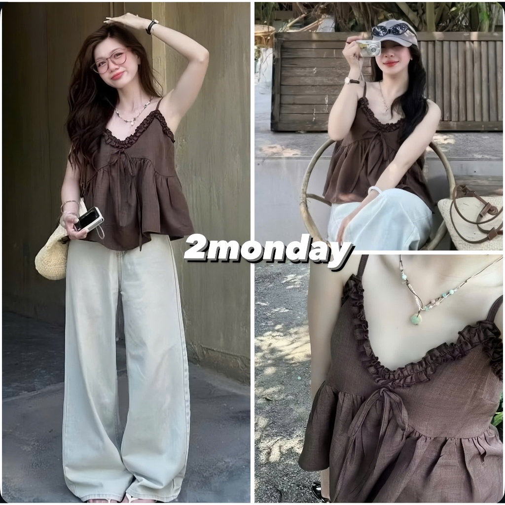 [LOẠI 1/ HÀNG QC] ÁO HAI DÂY NÂU VIỀN BÈO DÁNG XOÈ BABYDOLL FORM NGẮN 2MONDAY A191