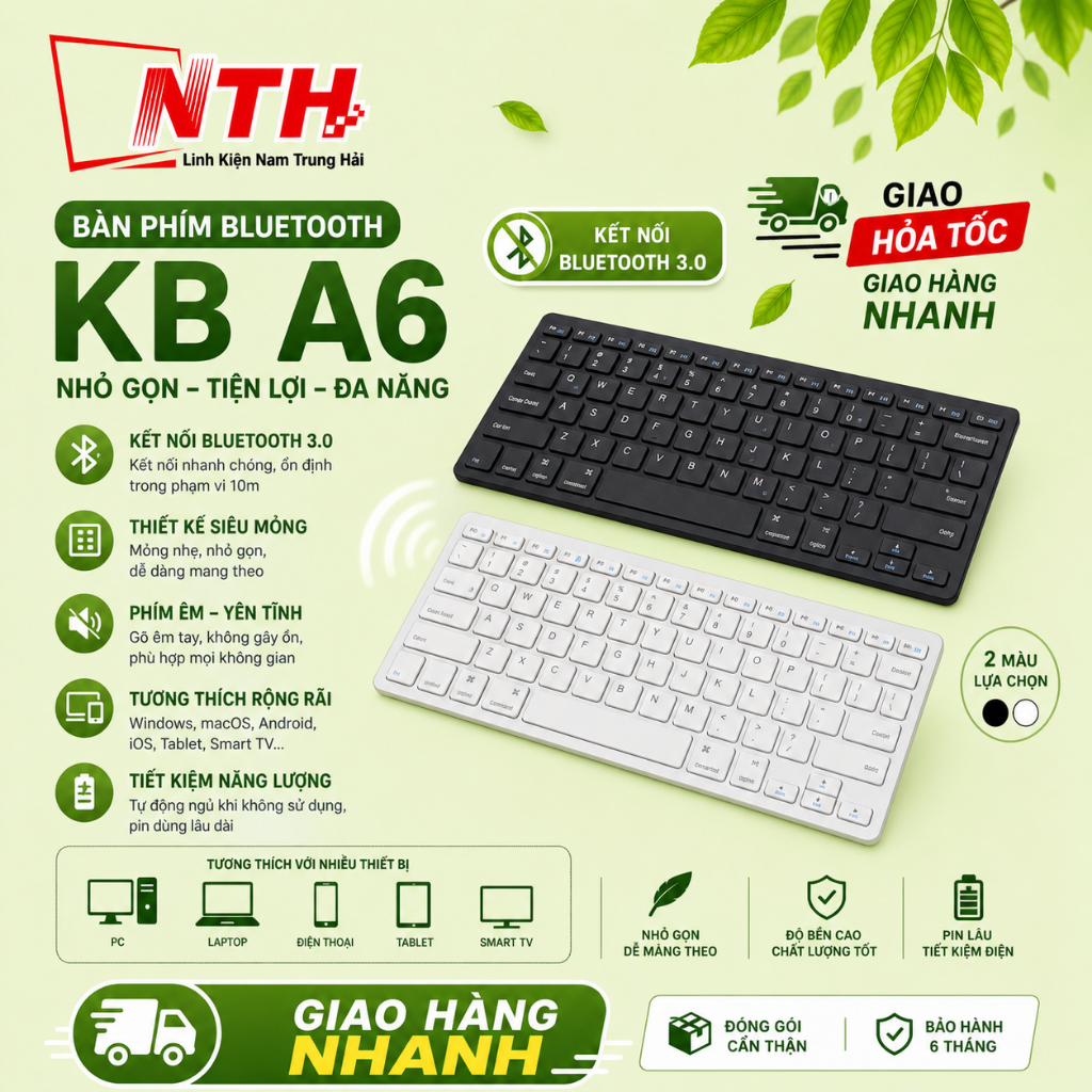 Bàn phím bluetooth Mini KB - A6 SỬ DỤNG CHO THIẾT BỊ CÓ BLUETOOTH