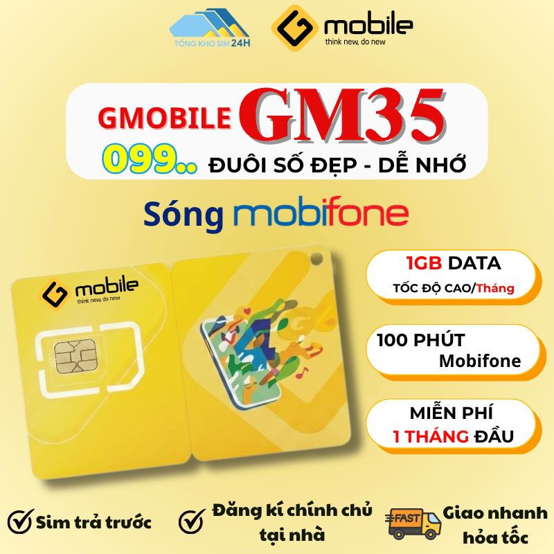 Sim Gmobile đầu 099 giá rẻ Tặng data và thoại tháng đầu, gói Gm35 sim sóng Mobifone số đẹp