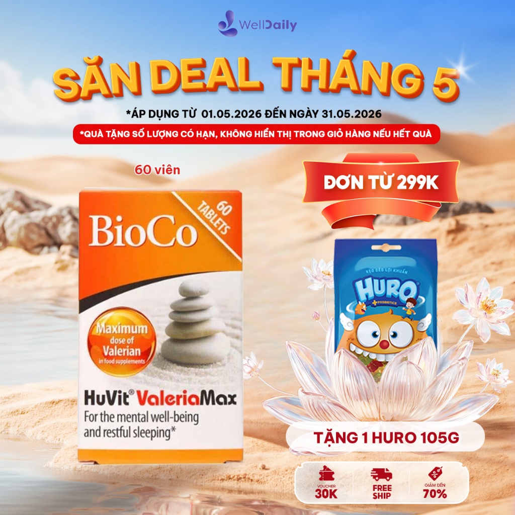 Viên uống hỗ trợ giấc ngủ an thần BioCo Huvit Valeria Max 60 viên