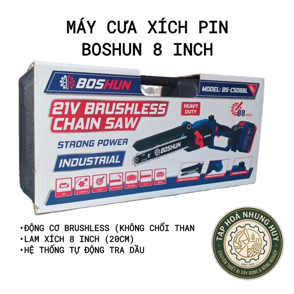 Máy Cưa Xích Pin BOSHUN BS-CS08BL - Động Cơ Không Chổi Than, Lam 8 Inch