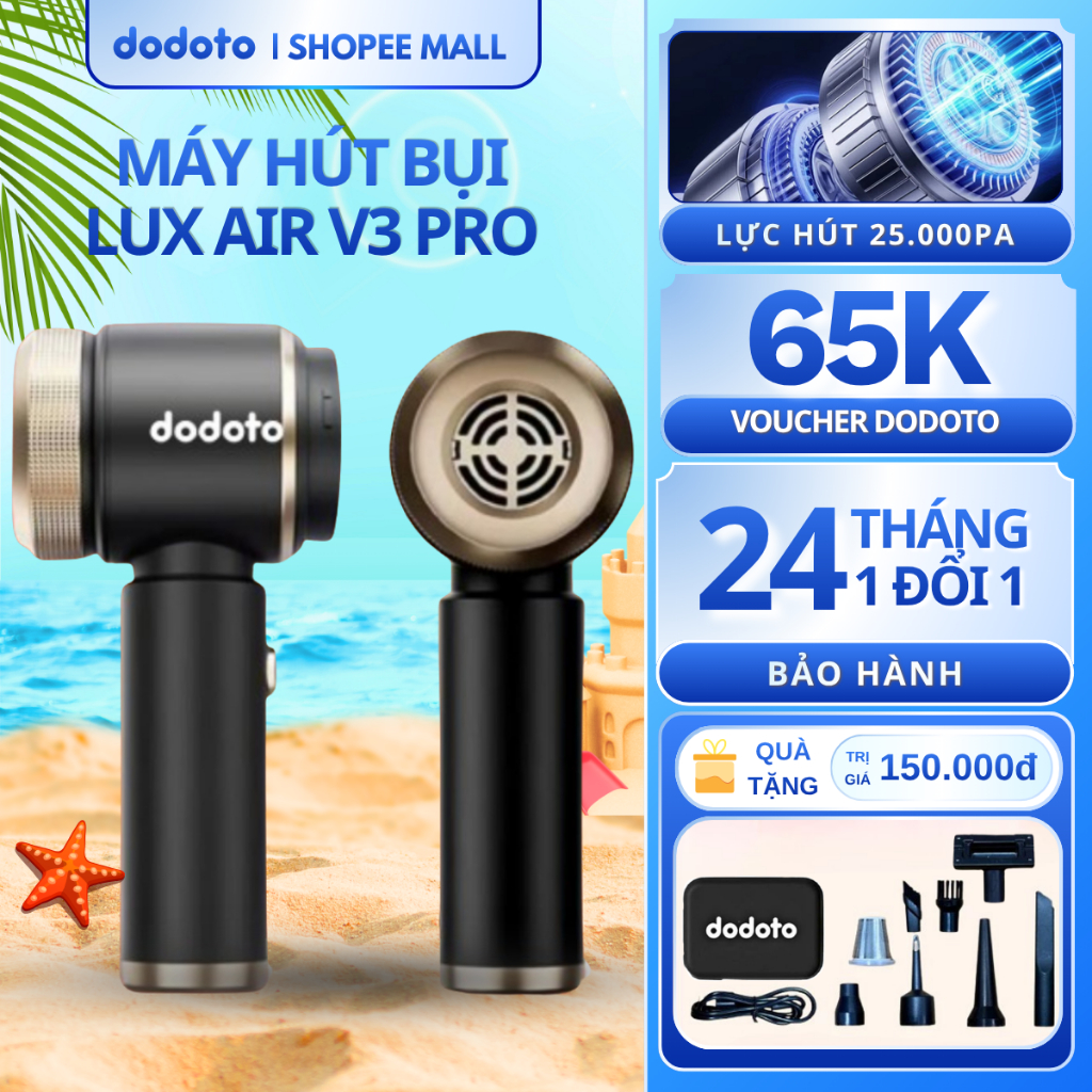Máy hút bụi cầm tay dodoto mini không dây Lux Air V3, lực hút 25000 Pa, Bảo hành 24 tháng