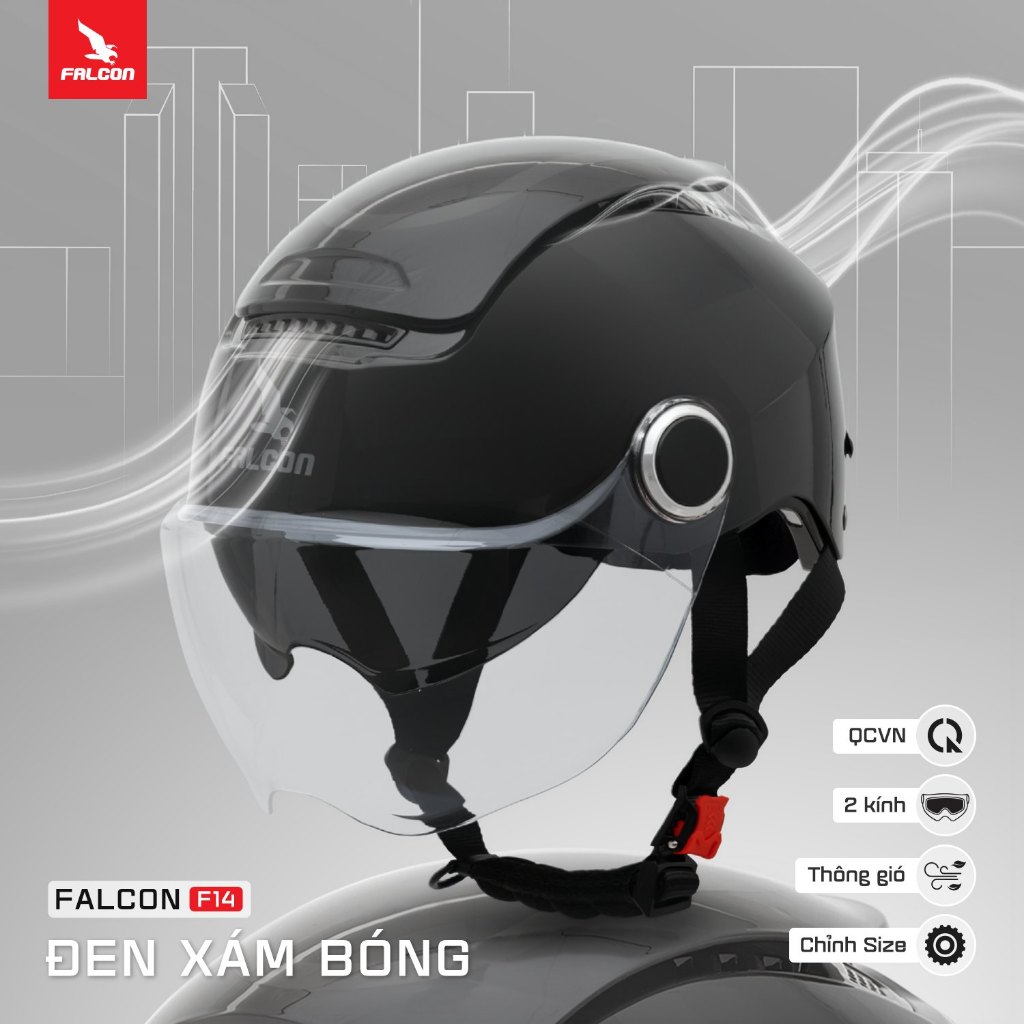 [Hỏa Tốc] Nón Falcon Đạt Chuẩn Đi Xe Máy Falcon F14 [ Bee ] Đen Bóng 2 Kính Cao Cấp