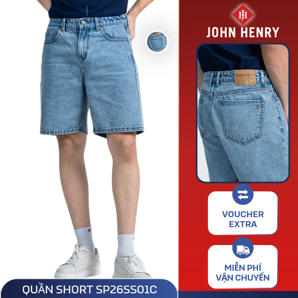 Quần Short Jean Nam Form Rộng JOHN HENRY SP26SS01C-RXJN - Vải Cotton Spandex mềm thoáng co giãn nhẹ