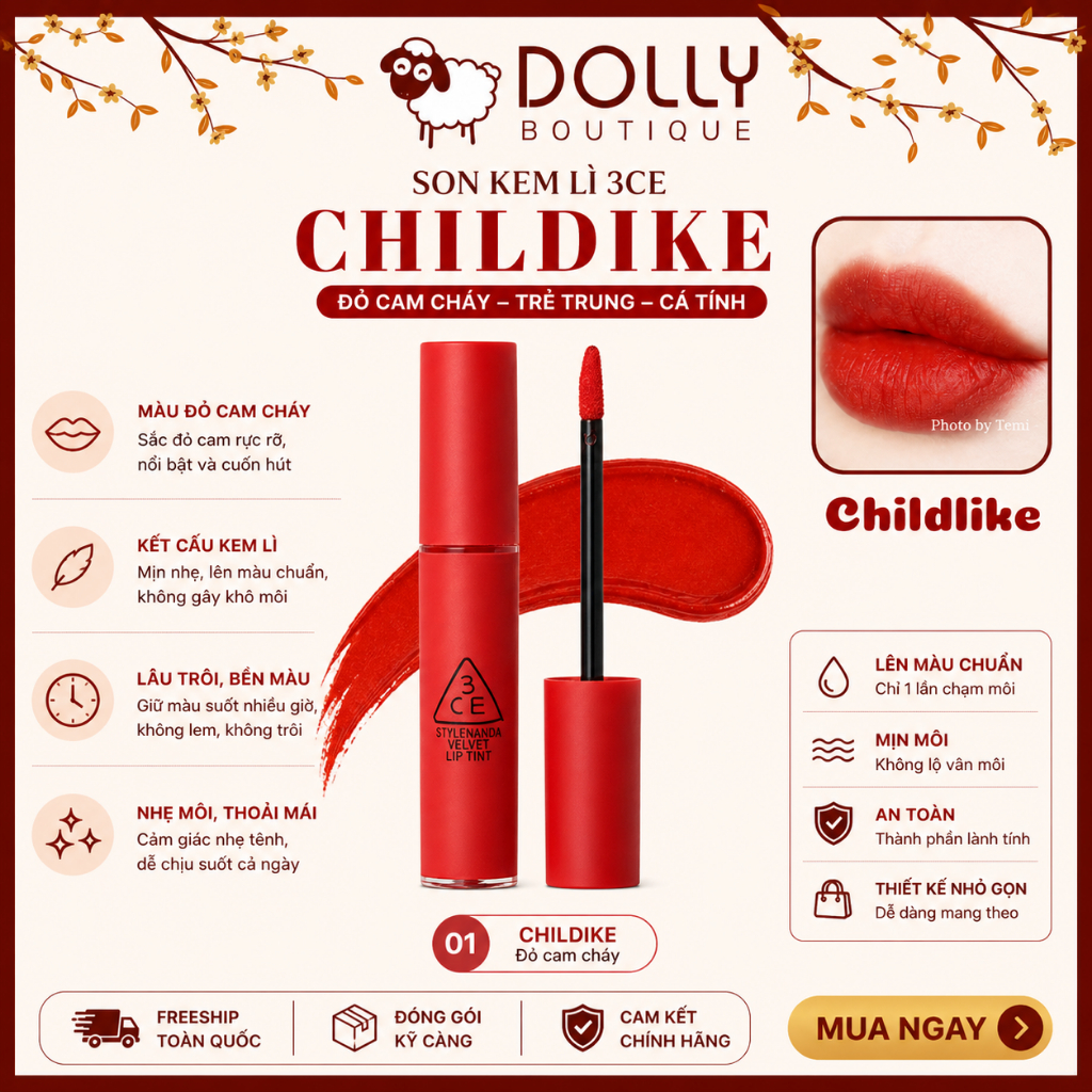 Son Kem Lì 3CE Velvet Lip Tint Childlike Màu Đỏ Cam 4g