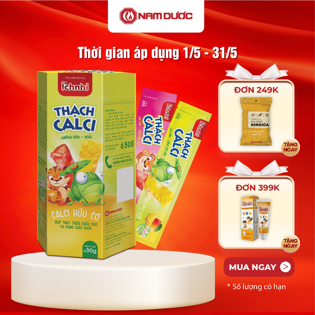 Thực phẩm bổ sung Ích Nhi Thạch calci hương dâu/ hương xoài, hộp 21 túi x 30g, bổ sung calci hữu cơ 