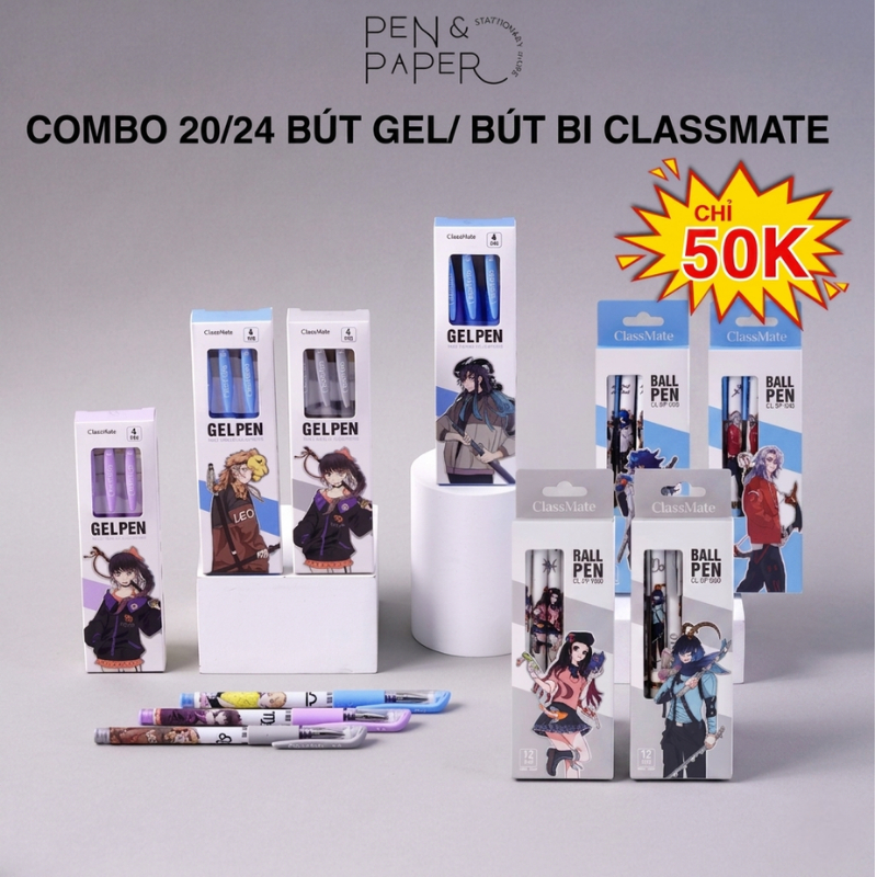 Combo 20/24 Bút Gel Nắp ClassMate Mực Xanh/Đen/Tím Mực Đều Nét Trơn, Bút Bi Bấm Dành Cho Học Sinh CL