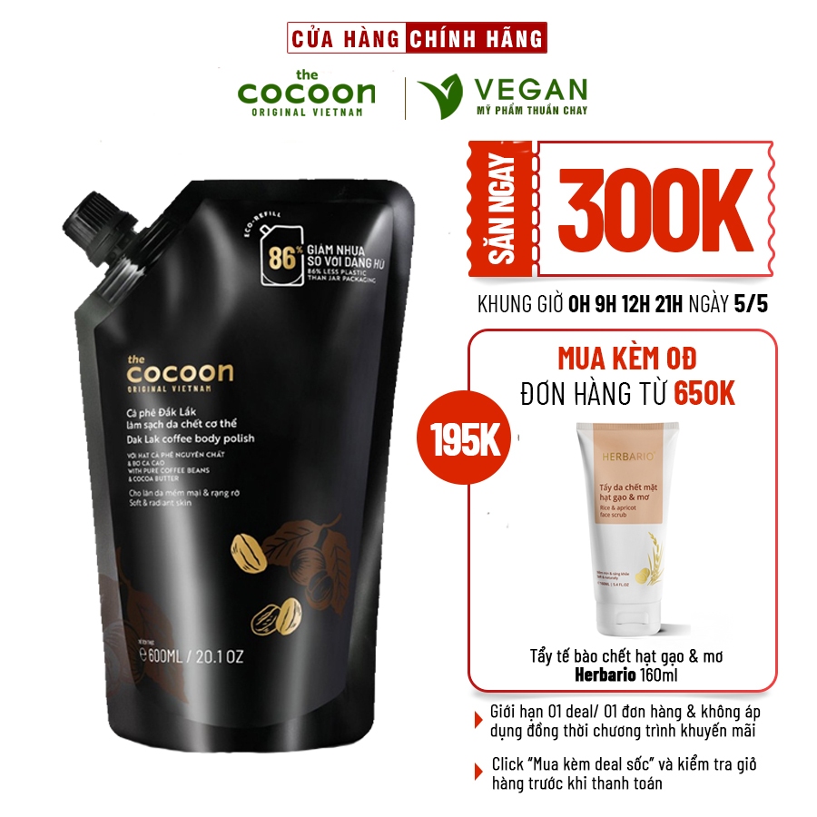Big size Cà phê Đắk Lắk làm sạch da chết cơ thể body cocoon 600ml thuần chay