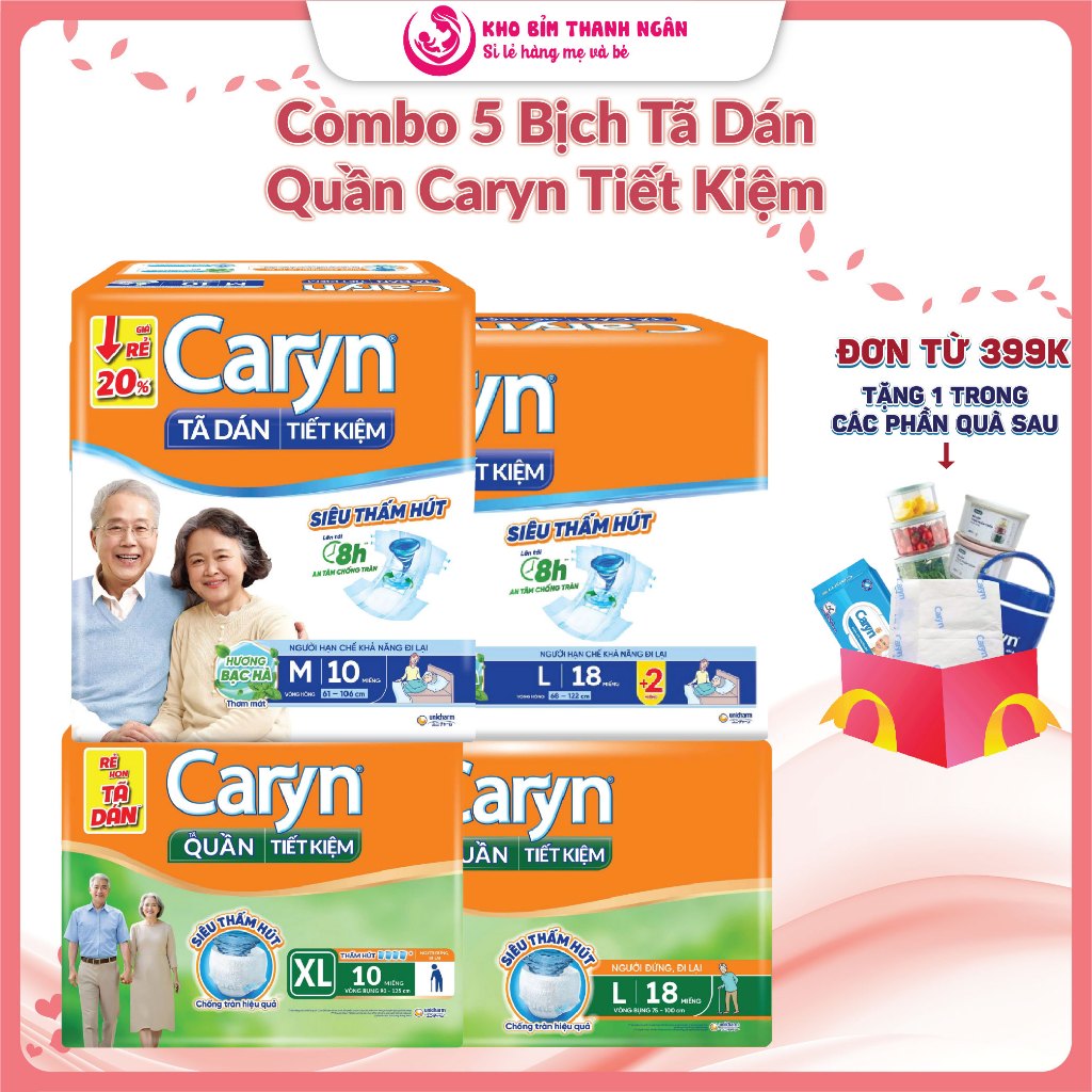 Combo 5 Bịch Bỉm Tã Dán / Tã Quần Caryn Tiết Kiệm Đủ Size M18 L18 XL18 - Caryn Vàng - Tã Người Già -