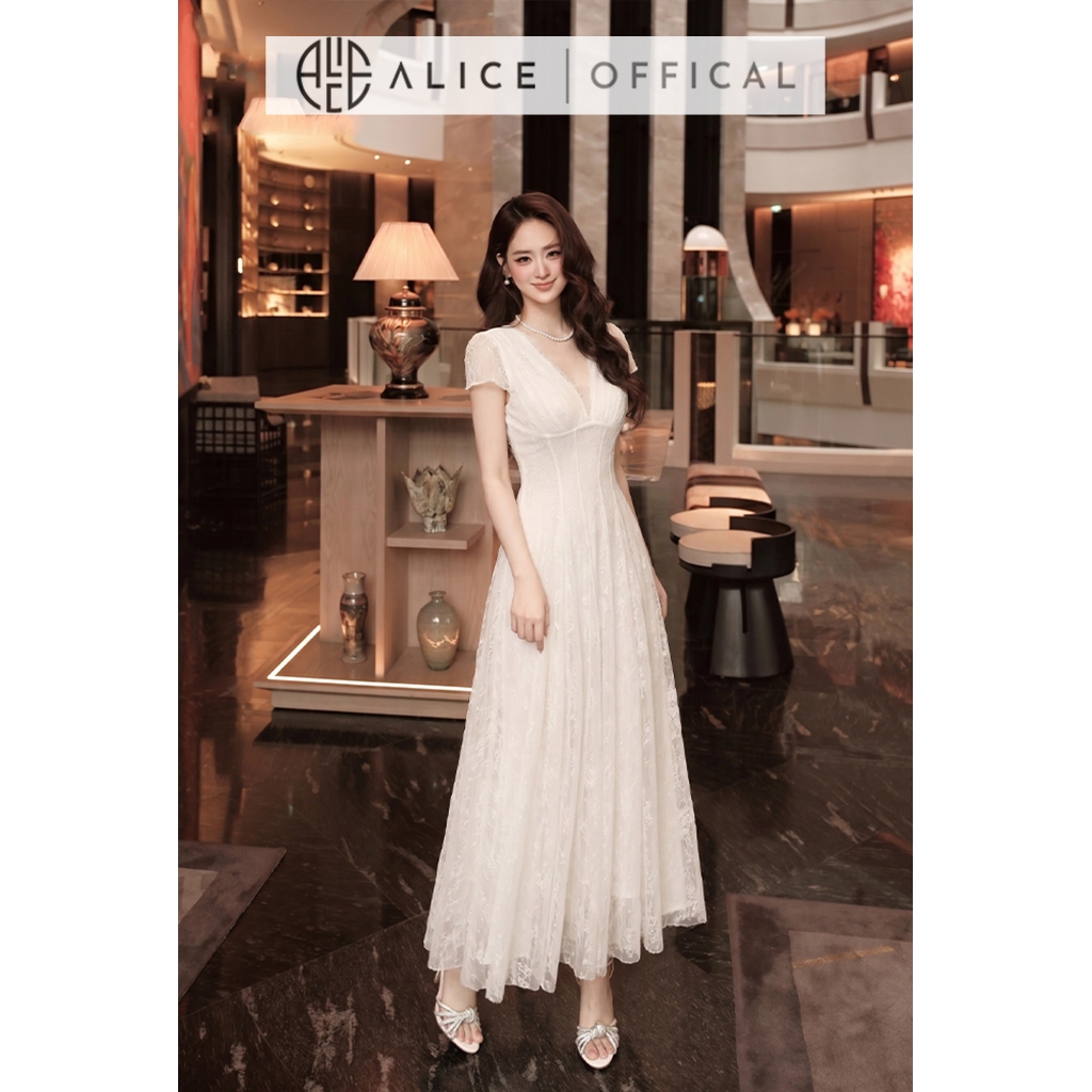 Váy Tiểu Thư Cao Cấp Alice Chất Ren Dáng Dài, Đầm Xòe Cổ V Có Chiết Eo, Chun Lưng Tôn Dáng T493