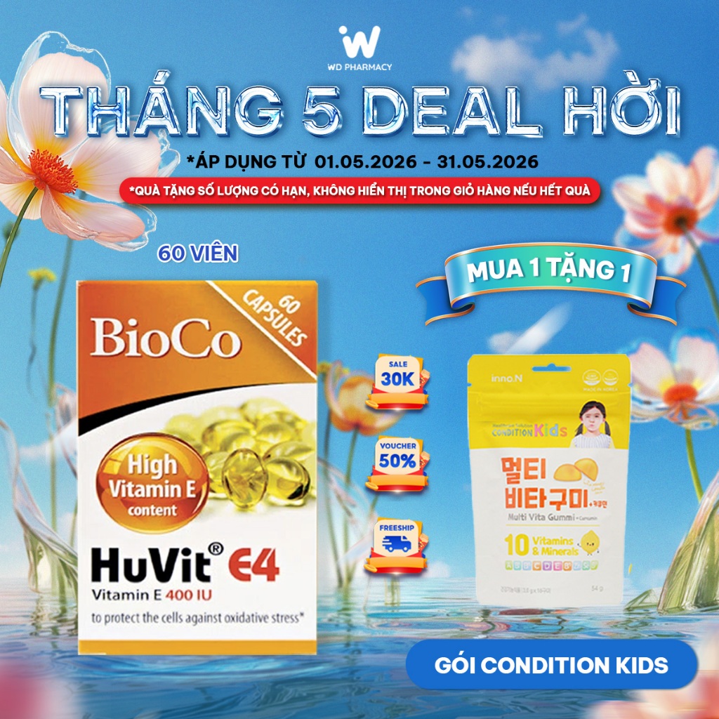 Viên uống vitamin E Bioco Huvit E4 ngăn lão hóa, mờ tàn nhang, nám (Hộp 60v)