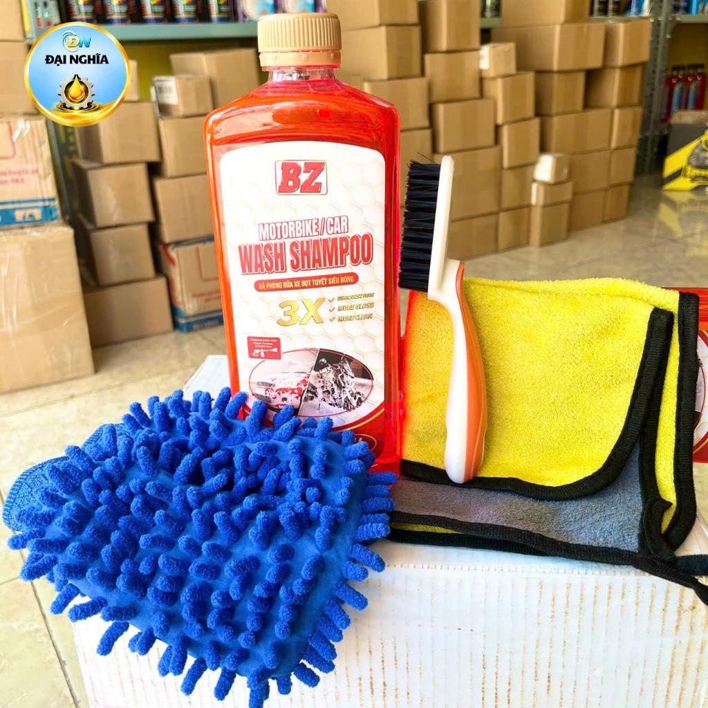Combo Nước Rửa Xe BZ, Xà Bông BZ Kèm Bộ Rửa Xe, Cọ Khăn Bao Tay Rửa Xe, Khăn Lau Đa Năng Cho Xe Máy