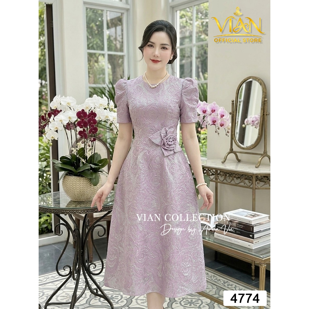 Váy Thiết Kế 4774 Với Gam Màu Tím Yêu Kiều, Chất Gấm Dập Vân Sang Trọng Từ