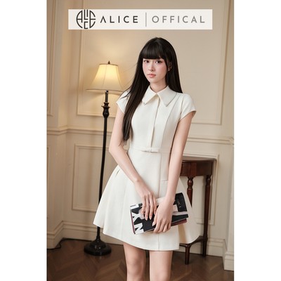 Váy Tiểu Thư Thanh Lịch Alice Chất Đũi Linen Vân Xương Cá Cao Cấp, Đầm Ngắn Chữ A Cổ Sơ Mai, Đai Eo T500