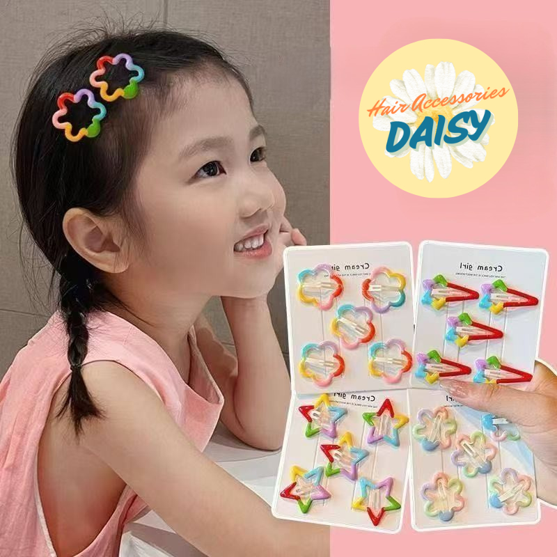 Set 5 kẹp tóc mái bấm màu sắc cầu vồng cho bé gái hình hoa, sao, tim dễ thương Daisy Shop PK200