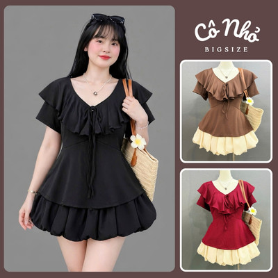 Set Bộ Bigsize Nữ Tiểu Thư Áo Thun Kiểu Cổ Bèo Dáng Peplum Mix Chân Váy Bí Dễ Thương A349+CV413