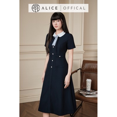 Váy Công Sở Thanh Lịch Alice, Đầm Midi Cổ Sen Phối Nơ Kèm Cúc Đá, Tay Ngắn Thanh Lịch T501