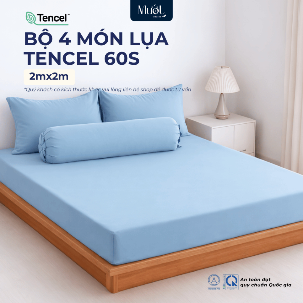 Bộ ga gối 4 món nệm kích thước 2mx2m Lụa Tencel 60s Mướt Home cao cấp, mềm, mịn, mát, 2 vỏ gối nằm, 