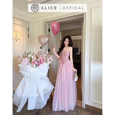 Váy Ren Dự Tiệc Cao Cấp Alice Phối Lưới, Đầm Cúp Ngực Maxi Xòe Bổng Cao Cấp Dáng Corset Đính Nơ Hông T503