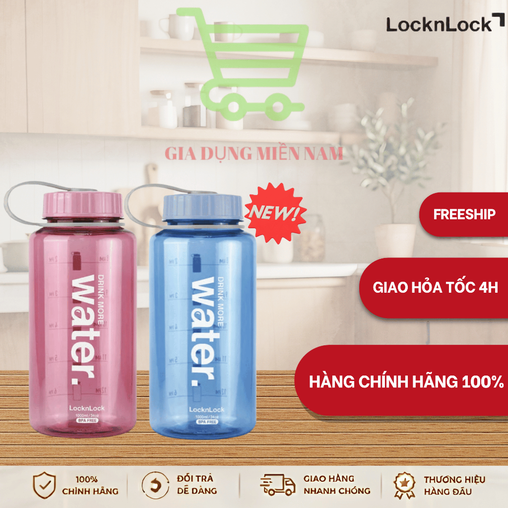 Bình nước LocknLock Helper Bottle 1L ‑ Màu hồng / Màu xanh - ABF610