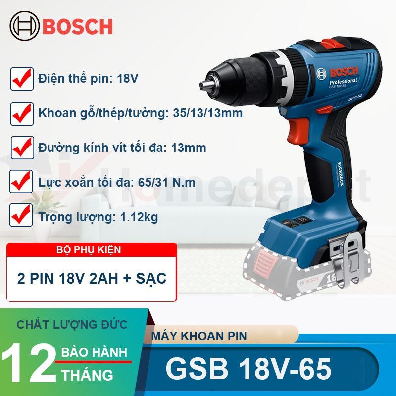 Máy khoan pin KHÔNG CHỐI THAN 18V Bosch GSB 18V-65 Chính hãng (Kèm 2 pin + sạc)