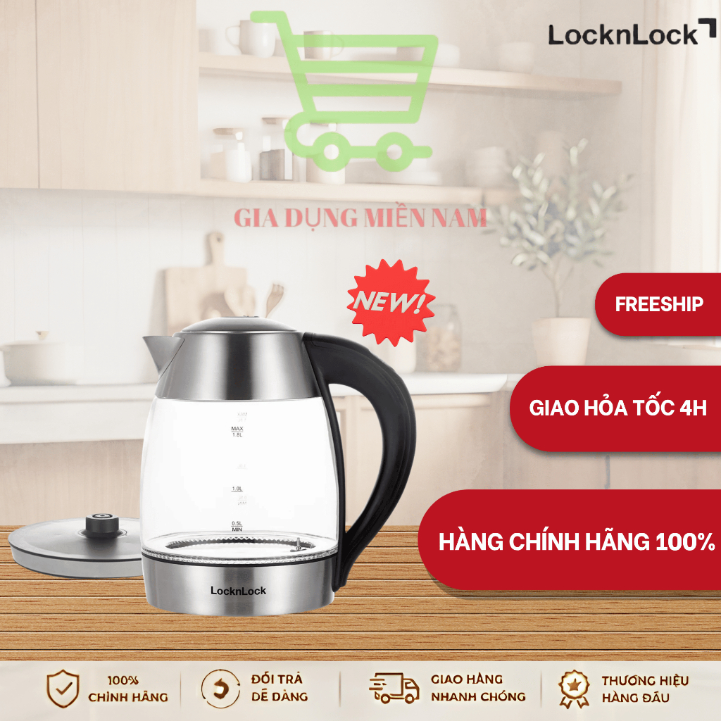 Ấm Đun Siêu Tốc Thủy Tinh Locknlock EJK341, dung tích 1.8L - Hàng Chính Hãng