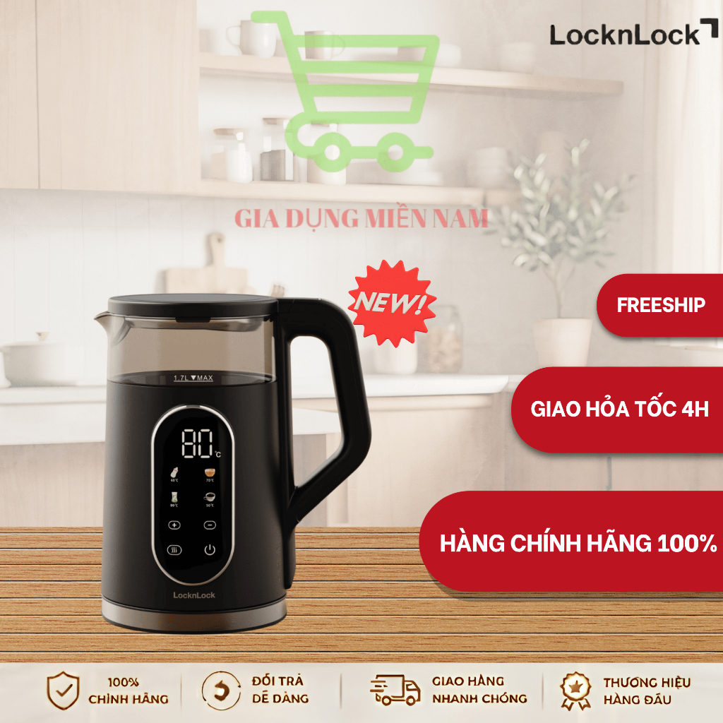 Ấm đun siêu tốc LocknLock Digital electric kettle EJK286BLK- dung tích 1.7L, 5 chế độ nhiệt, giữ ấm 