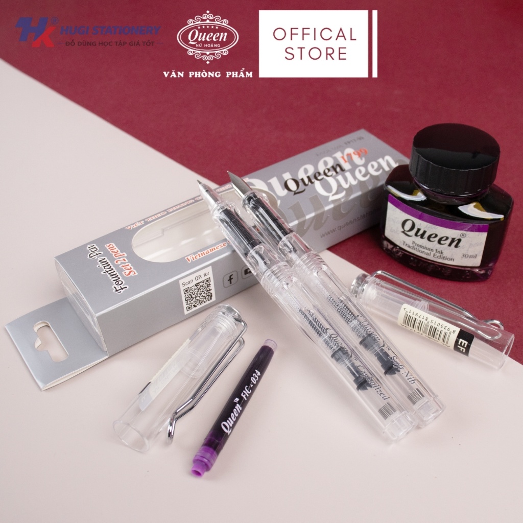 Combo 2 Bút Máy Queen FP17-99 – 2 Ngòi Thanh Đậm & Nét Mảnh, Viết Êm, Luyện Chữ Đẹp