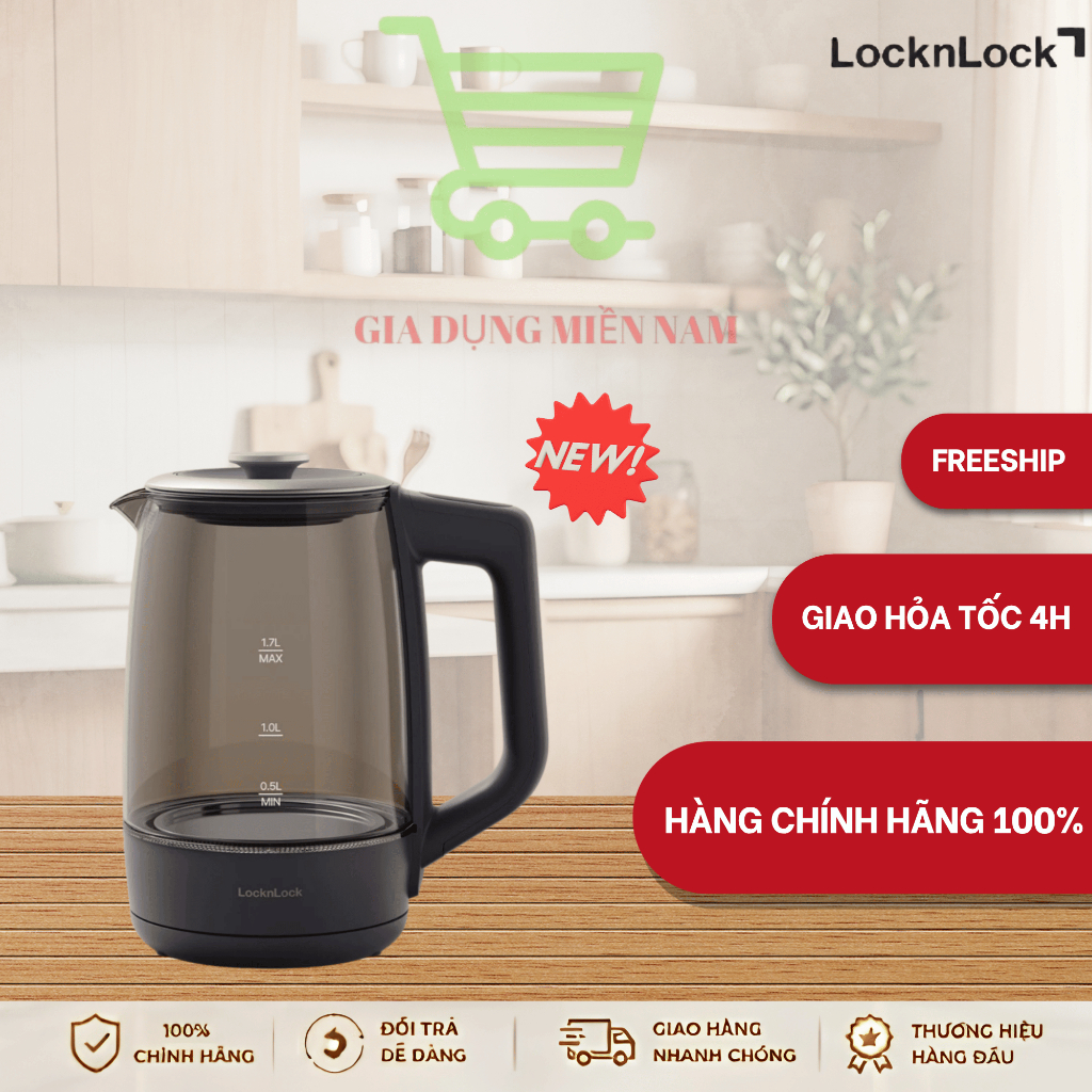 Ấm Đun Siêu Tốc LocknLock EJK276GRY dung tích 1.7L, 5 Mức Nhiệt, Giữ Ấm 12h, đế STRIX -  Hàng Chính 