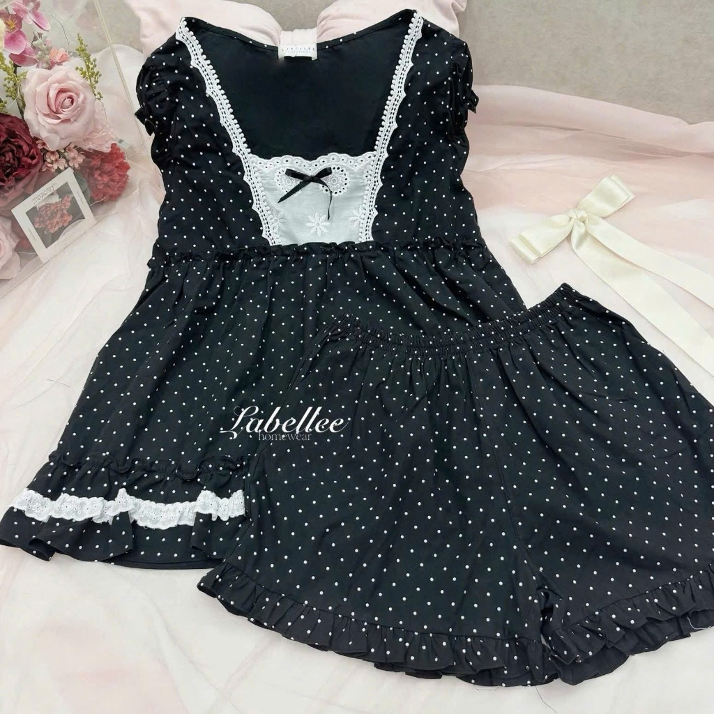 Bộ đồ ngủ ngắn tay chấm bi đen viền ren Labellee cotton mềm mát, thoải mái dễ thương