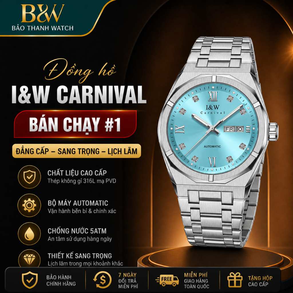 Đồng Hồ Nam Chính Hãng I&W Carnival 751G  Automatic Dây Thép Không Gỉ Chống Xước Chống Nước