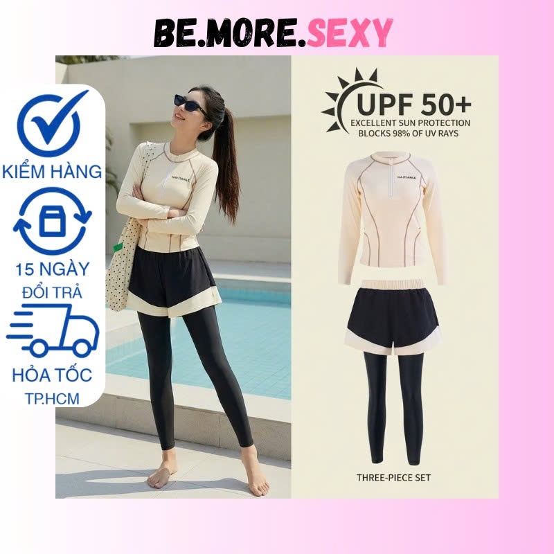 Đồ bơi nữ kín đáo dài tay quần dài chống nắng phong cách Hàn Quốc trắng kem | BigBuy360 - bigbuy360.vn
